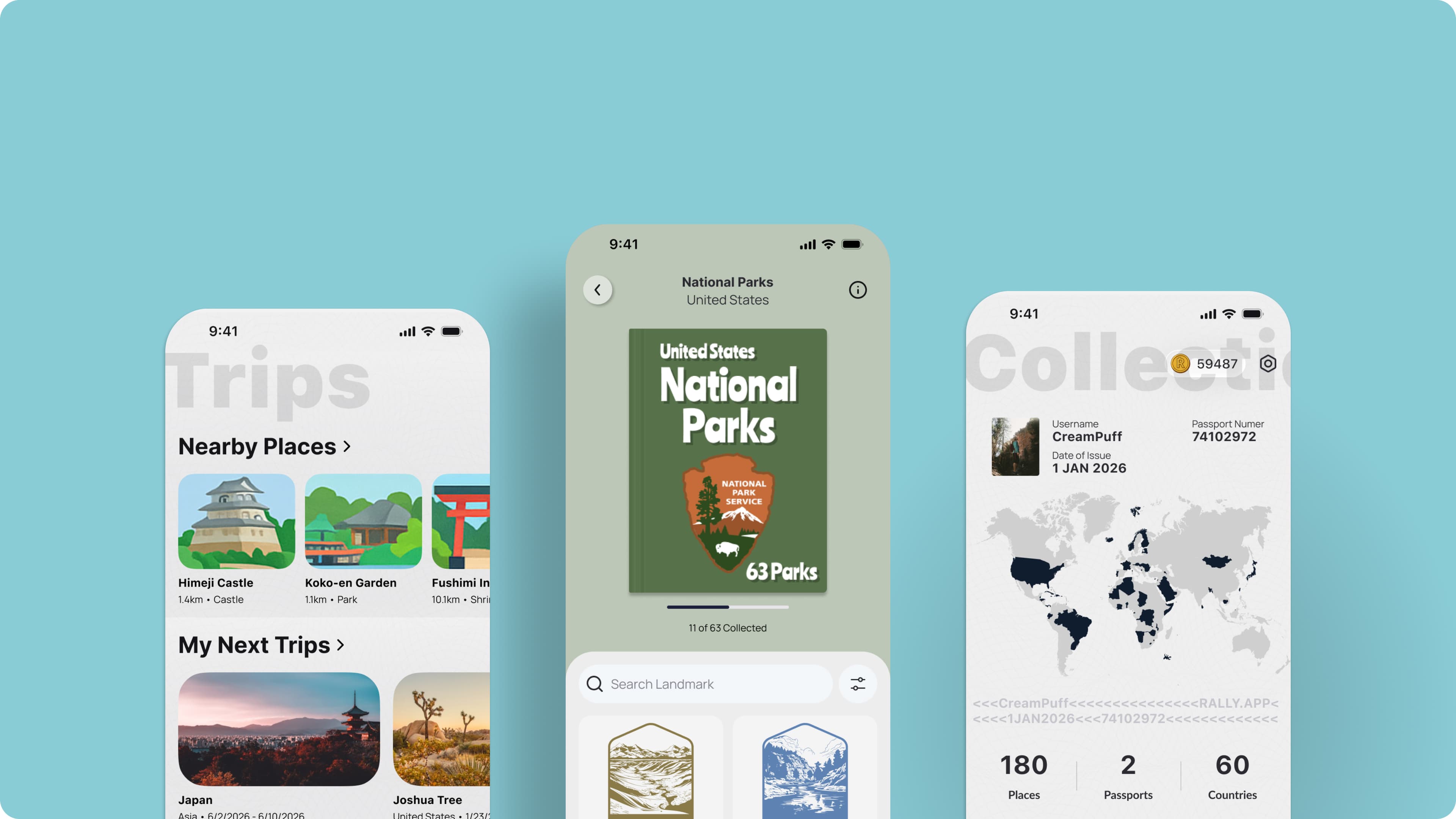 Rally travel app screens